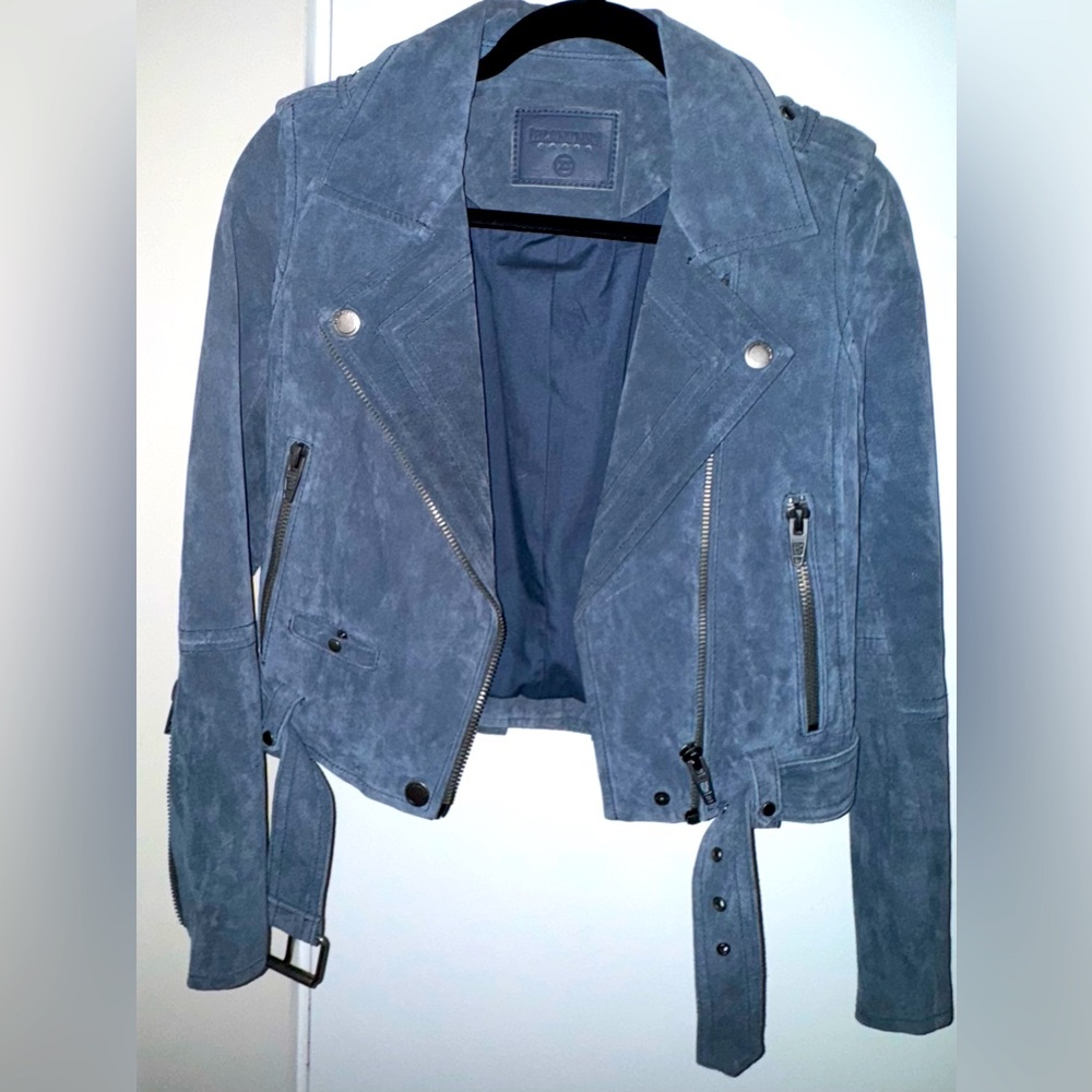 Suede fitted motorcycle jacket grey/blue color. Never worn ever